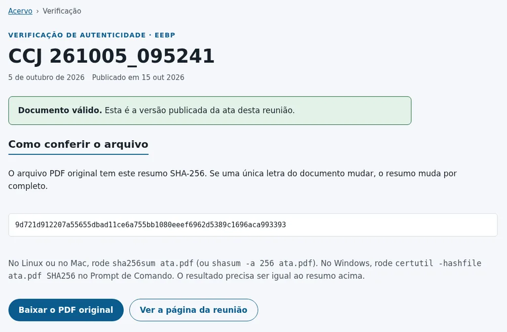 Página pública de verificação de um documento publicado pelo Tyeté: aviso de documento válido e o resumo que permite conferir o arquivo original.